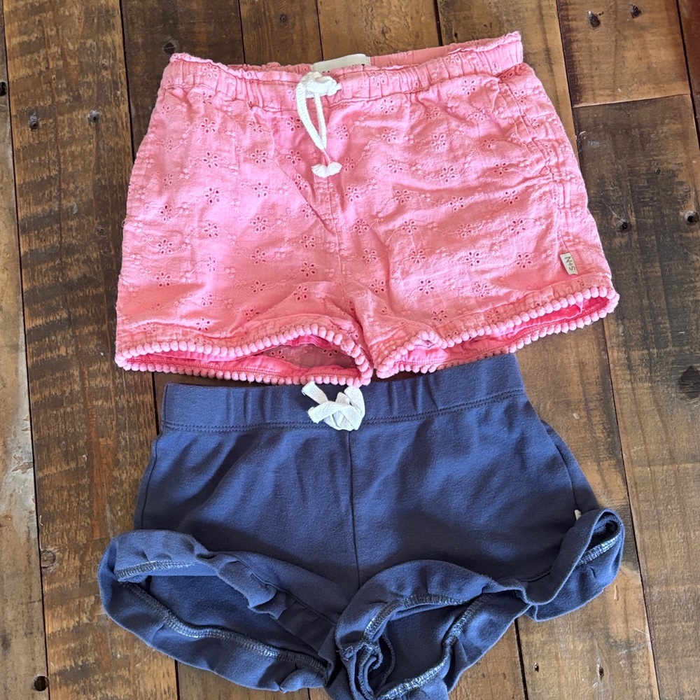 Pink Eyelet Drawstring Shorts + Navy Ruffle Hem Shorts
